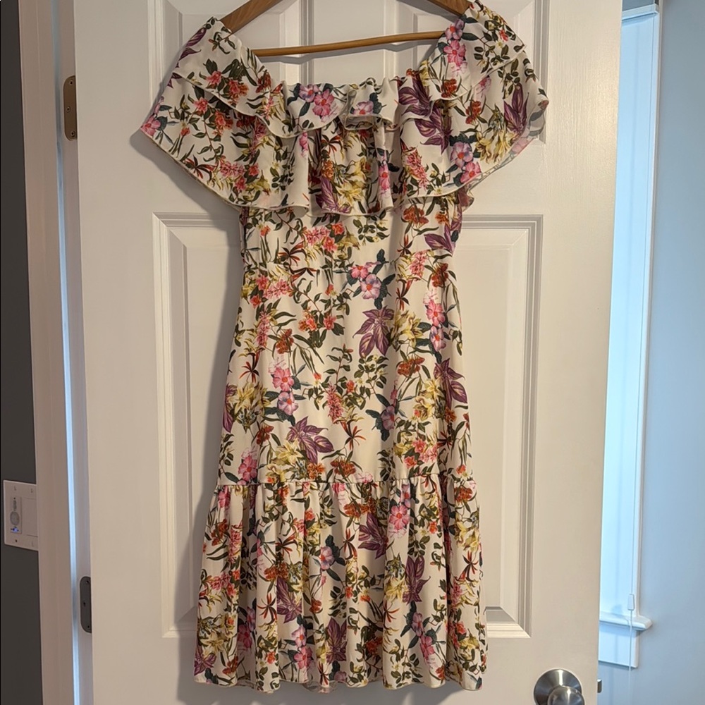 NSR White and Pink Ruffled Off-Shoulder Sundress